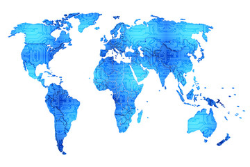 Fototapeta na wymiar World map with pcb texture in blue tone. 3d illustration