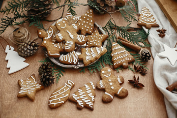 Christmas gingerbread cookies on vintage plate and anise, cinnamon, pine cones and cedar branches on rustic table. Baked traditional gingerbread cookies. Seasons greetings