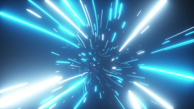Flying in an abstract bright neon technology tunnel. Modern light. Hyper jump in data space. Seamlees loop 3d render