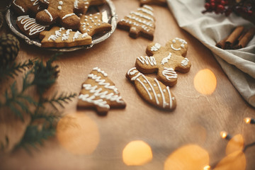 Christmas gingerbread cookies on vintage plate and anise, cinnamon, pine cones, cedar branches  with golden lights on rustic table. Baked traditional gingerbread cookies. Seasons greetings