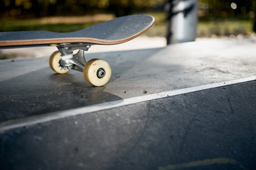 Closeup of skateboard in concrete skatepark on warm day