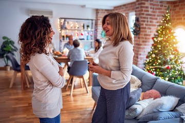 Family and friends dining at home celebrating christmas eve with traditional food and decoration, women talking together happy and casual