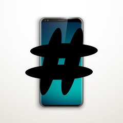 illustration web search by hashtag on mobile phone isolated on white background. Banner with smartphone search engine browser by hashtag