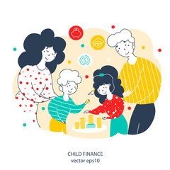 Kids and parents with money flat vector illustration