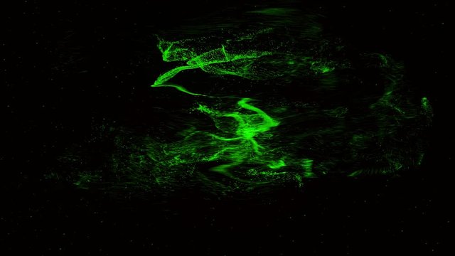 Abstract flying and swirling space dust transforming into green note isolated on black background. Animation. Colorful space dust becoming note icon, music concept.