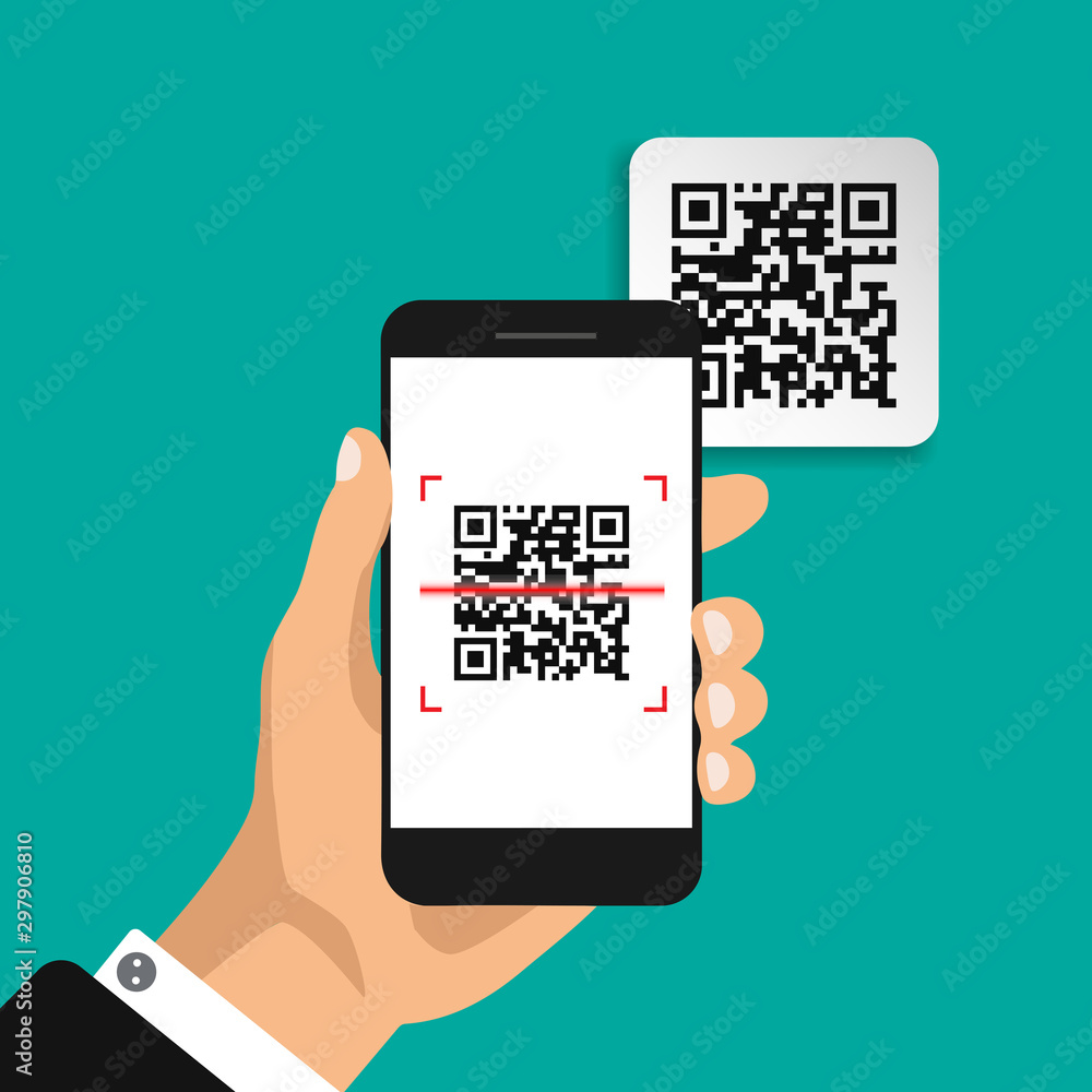 Poster hand holds phone with qr code on screen. scanning code by phone. qr label sticker. vector illustrati