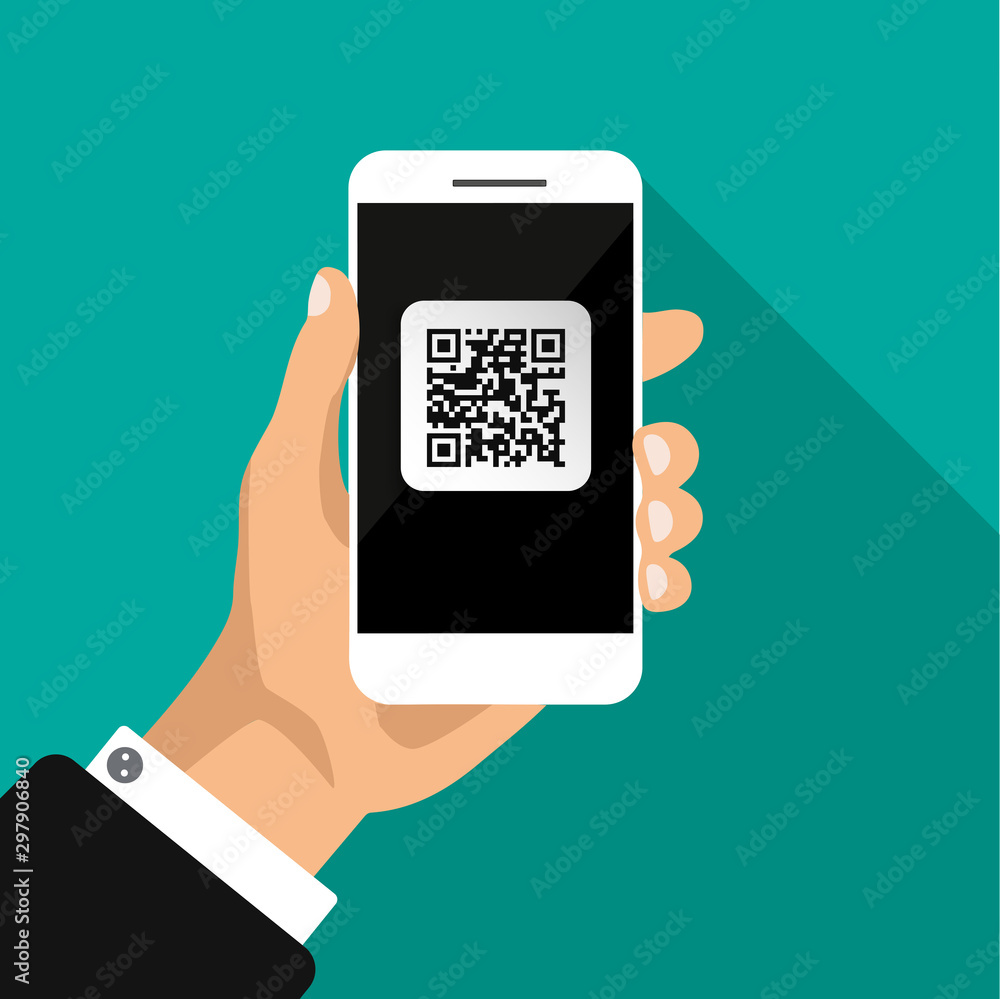 Poster hand holds phone with qr code on screen. scanning code by phone. qr label sticker. vector illustrati