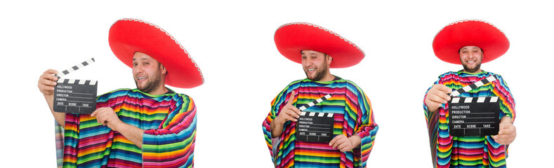 Funny mexican with clapper-board isolated on white