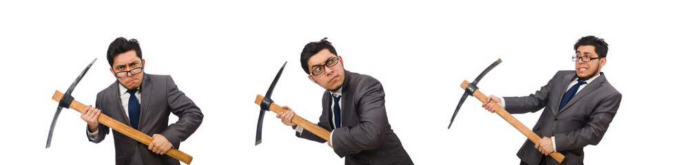 Young businessman holding a tool isolated on white