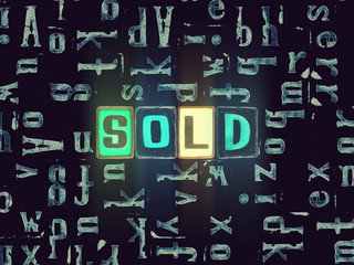 The word Sold as neon glowing unique typeset symbols, luminous letters sold