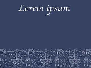 Pattern with baby products, contour icons. Stroller, toys horse for newborns.Colorful vector illustration can use for promotion, advertisement, with text; for kids themes, market and label design.