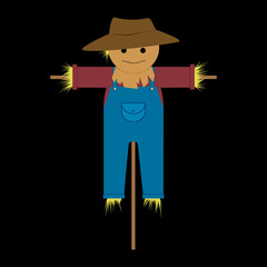 Cartoon scarecrow of straw with smiling face in farmer clothes, halloween style