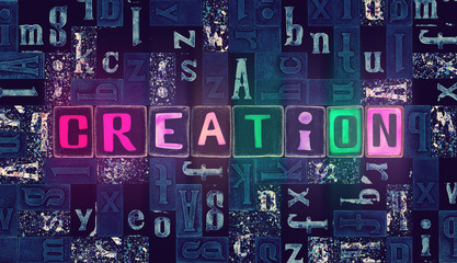 The word Creation as neon glowing unique typeset symbols, luminous letters creation