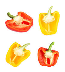 Set of cut fresh ripe bell peppers on white background