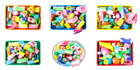 Set of shopping baskets with different household chemicals on white background, top view
