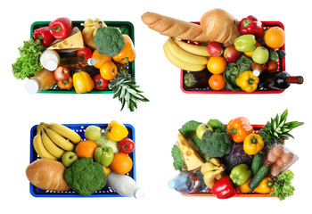 Set of shopping baskets with grocery products on white background, top view