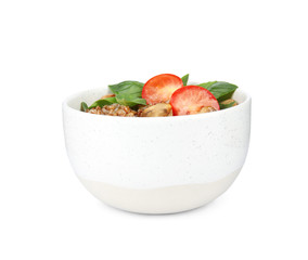 Delicious buckwheat porridge with mushrooms and tomato on white background