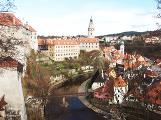 Obraz premium Top view of the medieval Czech town of Krumlov