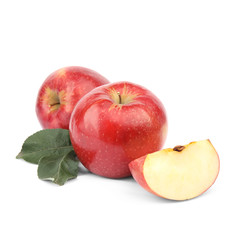 Ripe juicy red apples with leaf on white background