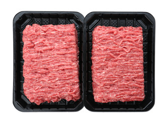 Fresh raw minced meat on white background, top view