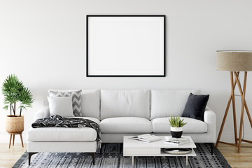 Frame & Poster mock up in living room. Scandinavian interior. 3d rendering, 3d illustration - 297910065