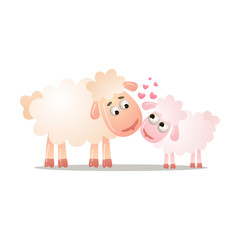 Cute sheep is standing with a baby. Vector illustration isolated on white background