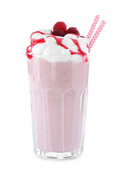 Tasty raspberry milk shake in glass on white background