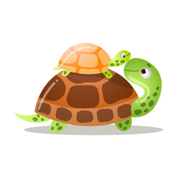 Cute turtle is standing with a baby. Vector illustration isolated on white background