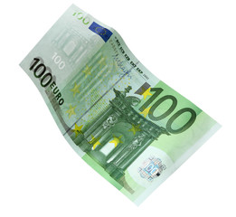 Obraz na płótnie Canvas Flying one hundred Euro banknote isolated on white