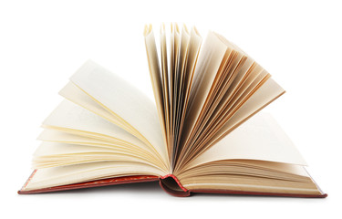 Open hardcover old book on white background