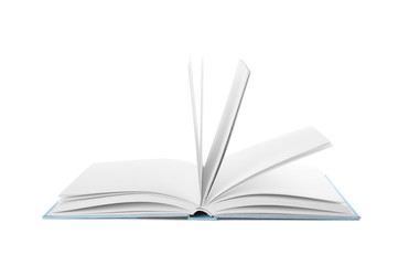 Open hardcover book with blank pages on white background