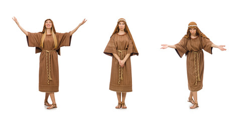 Woman wearing medieval arab clothing on white