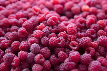 Raspberry berries in a bucket. Top view.
