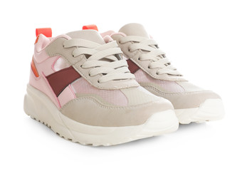 Pair of stylish shoes on white background