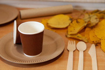 Eco natural coffee utensils. Eco dishes. Glass for coffee. sustainable lifestyle concept. zero waste, plastic without items. stop plastic pollution, overhead, mock up template