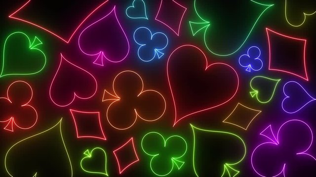 gambling neon background with pattern from decks hearts, tiles, clovers, pikes