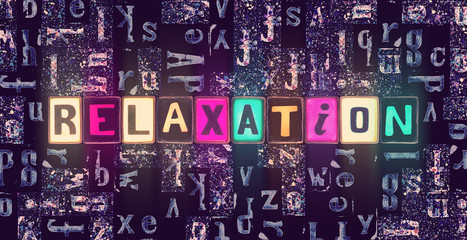 The word Relaxation as neon glowing unique symbols, luminous letters relaxation