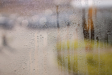 drops of autumn rain on the window macro
