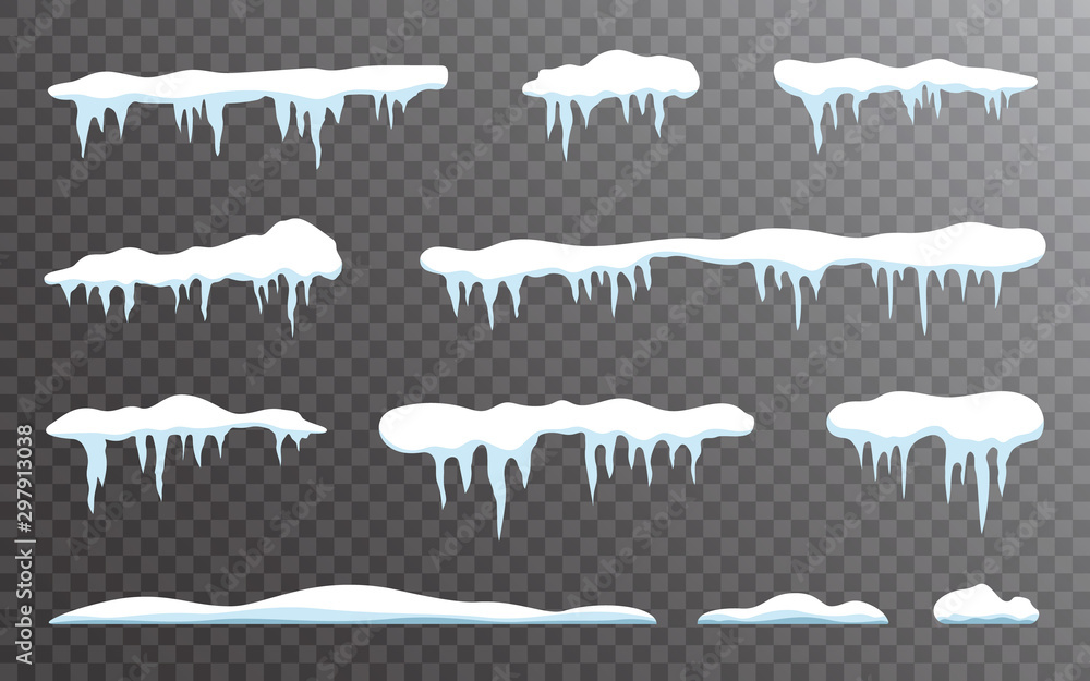 Poster snow icicles set on transparent backdrop. snow caps collection. snowdrift template isolated. winter 