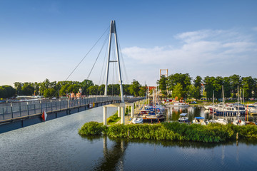 Marina and pier in Gizycko on Lake Niegocin. Gizycko, Masuria, Poland.