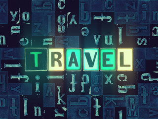 Word Travel with green light symbols, unique letters over abstract pattern background