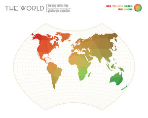 Naklejka premium World map with vibrant triangles. Ginzburg IX projection of the world. Red, Yellow, and Green colored polygons. Creative vector illustration.