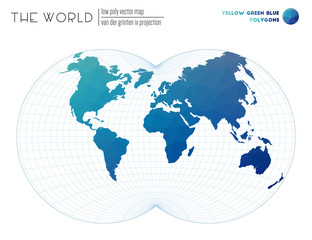 Abstract world map. Van der Grinten IV projection of the world. Yellow, Green, and Blue colored polygons. Trending vector illustration.