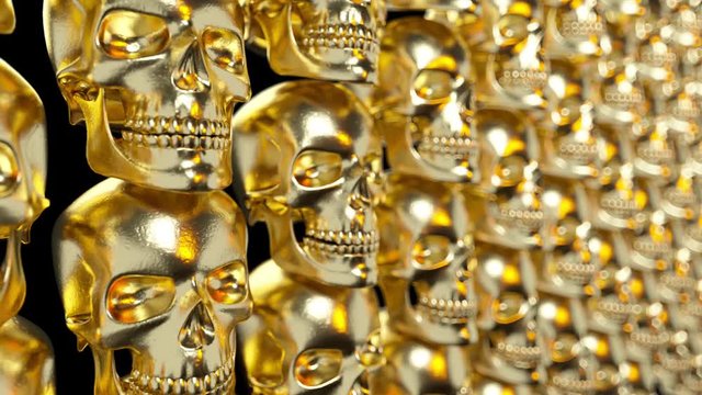 Wall of gold textured skulls. Horrible halloween concept. Seamless loop 3d render