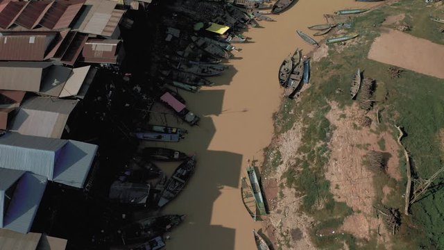 Floating Village in Cambodia Kampong Phluk Pean Bang, Tonle Sap Lake drone flight 4k