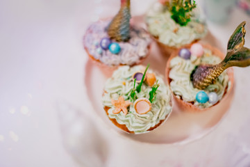 Candy bar, maritime cookies and pearl macarons. Catering buffet style.	