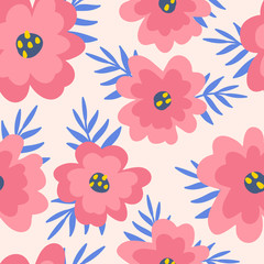 Abstract vector seamless pattern, background with poppies, flowers and leaves. Suitable for creating greeting cards, invitations, banners, web, flyers, backgrounds, covers, brochures, posters.