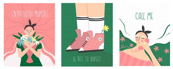 Vintage holiday illustration with text quote for poster, flyer, postcard, greeting. Girls, flowers and romantic text lettering. Vector celebration inspirational card.