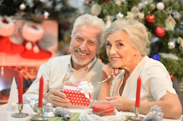 Senior couple celebrating Christmas, sitting with present at table