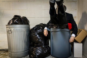Businessman in Suit and Tie Sitting in Trash Can Next to Garbage Pile. Concept of Failed Businessman. A Wasted Life. Over a Barrel. Defeated and Beat Up. Stock Market Crash. Dark Stock Photo.